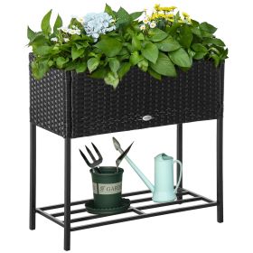 Outsunny Raised Garden Bed, Elevated Planter Box with Rattan Wicker Look, Tool Storage Shelf, Portable Design for Herbs, Vegetables, Flowers, Bla