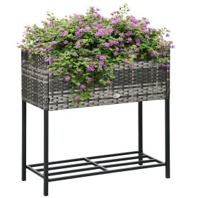 Outsunny Raised Garden Bed, Elevated Planter Box with Rattan Wicker Look, Tool Storage Shelf, Portable Design for Herbs, Vegetables, Flowers, Gra