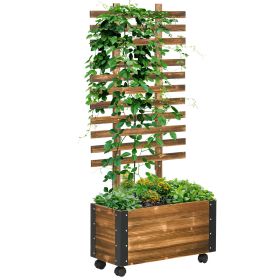 Outsunny Raised Garden Bed with Trellis, 58" Outdoor Wooden Planter Box with Wheels, for Vine Plants Flowers Climbing and Planting, Brown (Color: as Pic)