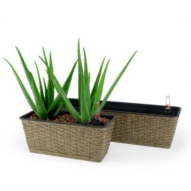 2-Pack Smart Self-watering Rectangle Planter for Indoor and Outdoor - Hand Woven Wicker - Brown (Color: as Pic)